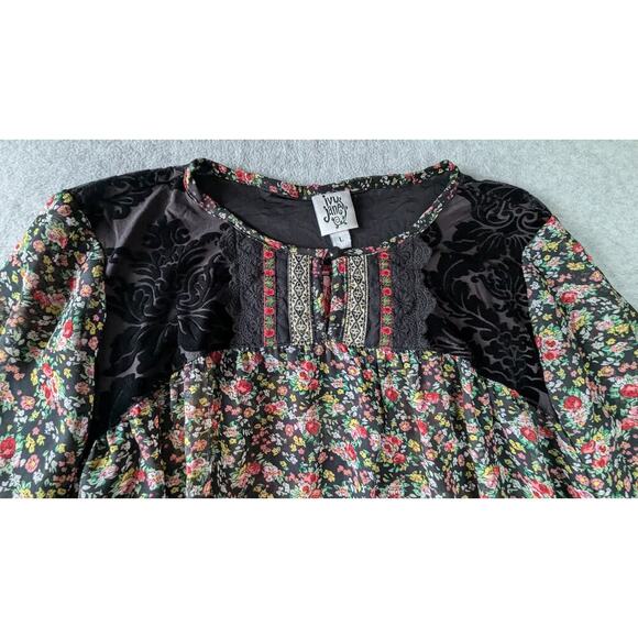 IVY JANES Top Large Boho Busy Floral Burnout High Lo Peasant Chiffon Ruffle Lace - Picture 2 of 11